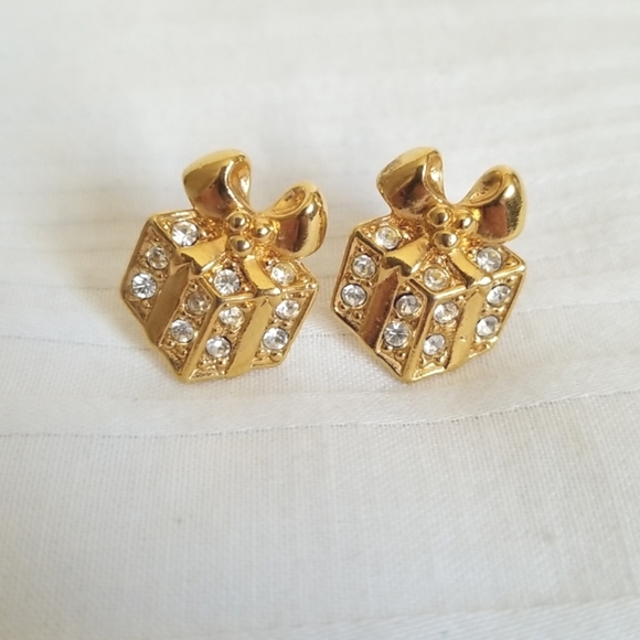 Vintage Avon Gold Rhinestone Present Gift Bow Earrings - Picture 1 of 3